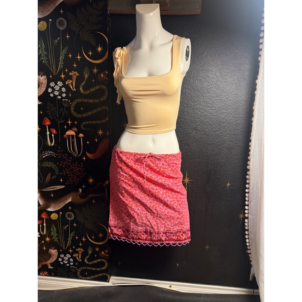 Blue Plate Pink Floral Cotton Mini Skirt Drawstring Boho Crochet Trim Small